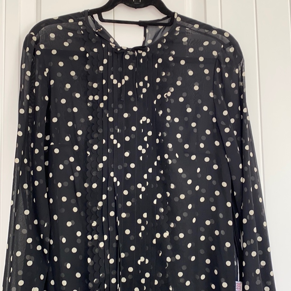 Valentino Red Polkadot ruffle blouse with scolloped pleats and small bow at neck